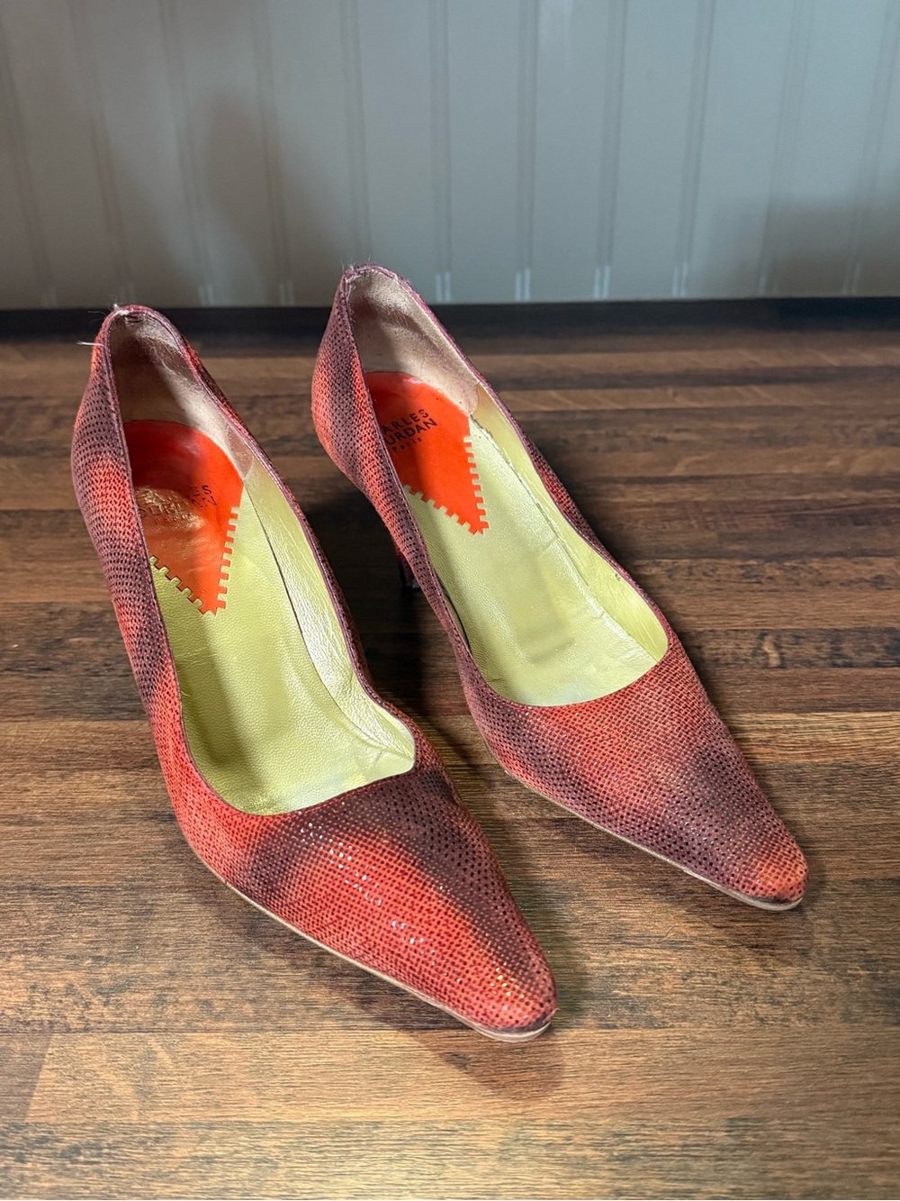 Vintage Charles Jourdan Red Snakeskin Leather Pointed Toe Heels Size 5 B